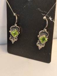 Vintage Sterling Silver And Green Stone Pierced Earrings