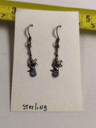 Very Dainty Love Bird And Amethyst Sterling Silver Earrings