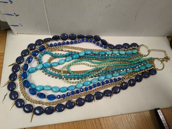 Multi Strand Goldtone And Blue Beaded Necklace