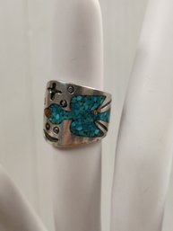 Native American Coral And Turquoise Ring Size 5