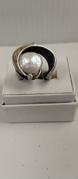 Sterling Silver  14kt Gold Mother Of Pearl And Diamond (?) Ring Size 7