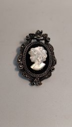 Vintage Sterling Silver Marcasite And Mother Of Pearl Brooch