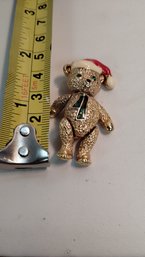 Gold Tone Articulated Christmas Bear Signed Batwa