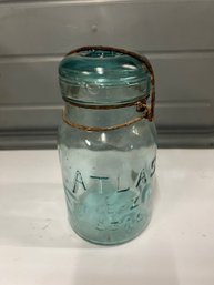 Vintage Atlas Blue Glass Quart Canning Jar With Wire