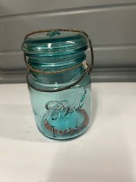 Vintage Ball Ideal Blue Glass Pint Canning Jar With Wire