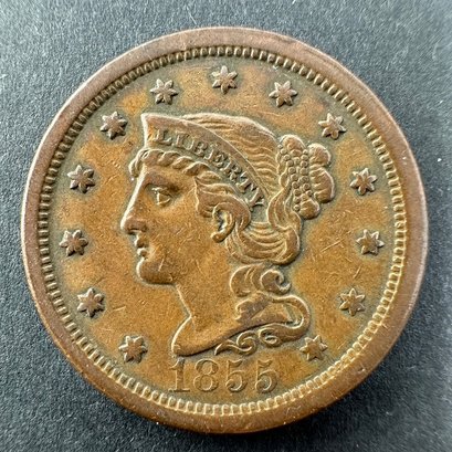 1855 Braided Hair Liberty One Cent Upright 55