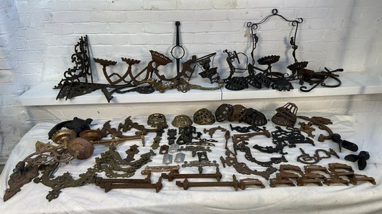 Huge Lot Of Antique Cast Iron Lighting Parts