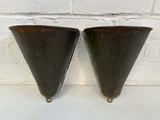 Pair Of Vintage Copper Cone Shaped Wall Pockets