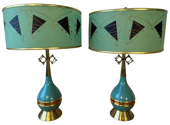 Pair Of Mid Century Turquoise And Gold Pottery Table Lamps