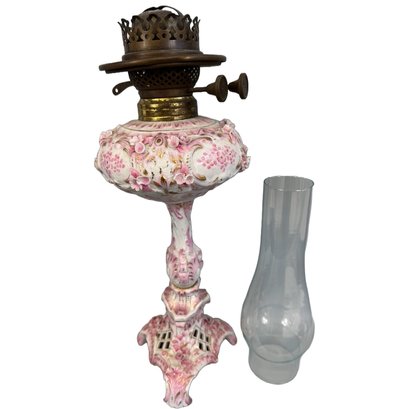 Antique German Hand Painted Porcelain Kerosene Oil Lamp