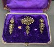 19th C 14k Gold Onyx & Pearl Earrings & Brooch Jewelry Set