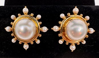 Pair Of Elizabeth Locke 18k Gold Mabe Pear & Pearl Earrings