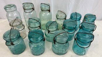Lot Of 15 Vintage Blue Glass Canning Jars