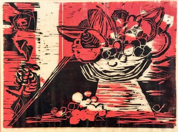 Mid Century Abstract Still Life Block Print Signed SLS