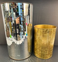 (2) MCM Hollywood Regency Mirrored Waste Paper Baskets