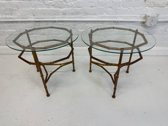 Pair Of Vintage Bamboo Form Metal And Glass Top Side Tables