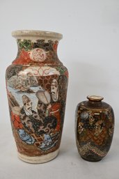 (2) Antique Japanese Satsuma Pottery Vases Meiji Period