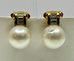 A Pair Of Pearl Diamond And Ruby Earclip Earrings