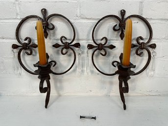 Pair Of French Cast Iron And Prism Candle Sconces