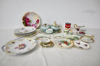 Lot Of Hand Painted Porcelain Dresser Set And Tableware Limoges