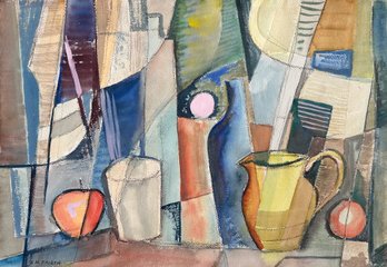 Elizabeth H. Frisch (CT/MA, 1910-1980) Watercolor, Cubist Still Life