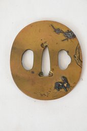 Old Brass Tsuba With Horse And Squash Blossoms