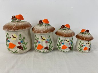 Set Of 4 MCM Mushroom Ceramic Canisters Japan