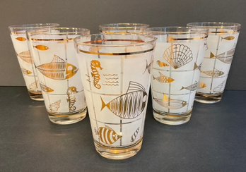 Set Of 6 Mid Century Highball Glasses, Ocean Life