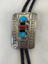 Native American Sterling And Leather Bolo Tie