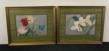 Pair Original Han Kwan Fu Paintings Of Flowers