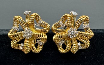 Vintage Pair Of 18kt Gold Ribbon Blossom With Diamonds Earrings