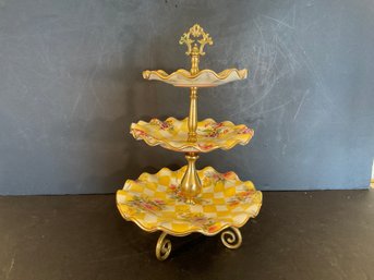 MacKenzie Childs, Three Tier Sweets Server Yellow Honeymoon Check Pattern