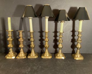 3 Pair Of Antique Brass Push Up Candlesticks