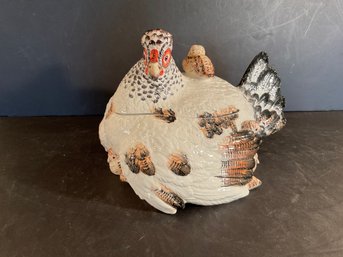 Large Italian Pottery Chicken With Chicks Covered Serving Piece