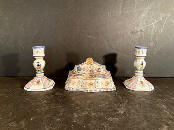 Trio Of Quimper Pottery Items Candlesticks & Inkstand