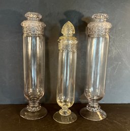 3 Vintage Clear Glass Apothecary / Drugstore Tall Jars