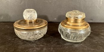 (2) Antique Glass And Brass Inkwells