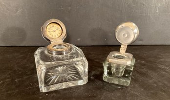 2 Large Antique Crystal Glass Inkwells