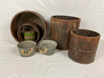 Lot Of Grain Measures And Miniature Zinc Buckets