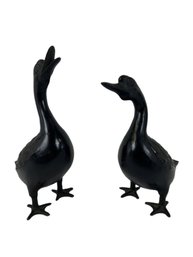 Pair Of Verdigris Cast Iron Ducks Sculptures