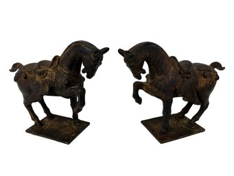 Pair 1950's Tang Style Cast Iron Horse Sculptures