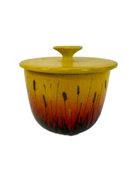 Italian Pottery Covered Bowl In Yellow Glaze With Cattails