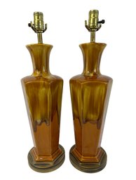 Pair Of Mid Century Ceramic Drip Glazed Lamps