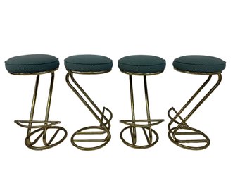 4 Matching Upholstered Brass Bar Height Stools