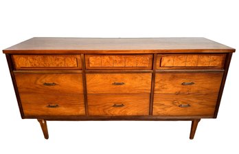 MCM 9 Drawer Walnut Low Dresser With Burl Veneer