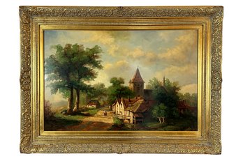 European School Oil On Canvas Of A Town Scene