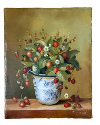 Fabrice De Villeneuve (French, Born 1954) Oil On Canvas Of Potted Strawberries