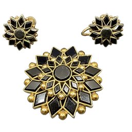 1868 14k Gold & Onyx Earrings & Brooch