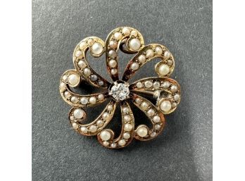 Antique 14k Yellow Gold, Pearl, Diamond Pinwheel Pendant / Brooch