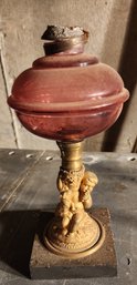 Cranberry Glass Cherub Based Oil Lamp -  Missing Burner